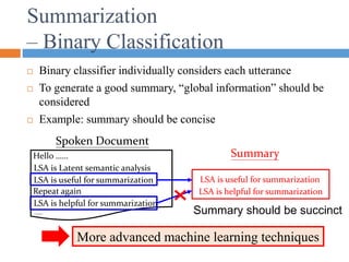 Summarization
– Binary Classification
 Binary classifier individually considers each utterance
 To generate a good summary, “global information” should be
considered
 Example: summary should be concise
More advanced machine learning techniques
LSA is useful for summarization
LSA is helpful for summarization
LSA is useful for summarization
Hello ……
LSA is Latent semantic analysis
LSA is helpful for summarization
Repeat again
……
Spoken Document
Summary
Summary should be succinct
 