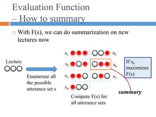 Evaluation Function
– How to summary
 With F(s), we can do summarization on new
lectures now
Lecture
s1
s2
s3
s4
s5
s6
s7
Compute F(s) for
all utterance sets
If s6
maximizes
F(s)
summary
Enumerate all
the possible
utterance set s
 