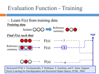  Learn F(s) from training data
Reference
summary
Reference
summary
Evaluation Function - Training
…
9
7
-4
high
Find F(s) such that
lecture
Training data
F(s)
F(s)
F(s)
Structured SVM: I. Tsochantaridis, T. Hofmann, T. Joachims, and Y. Altun. Support
Vector Learning for Interdependent and Structured Output Spaces, ICML, 2004.
 