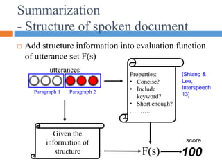 Summarization
- Structure of spoken document
 Add structure information into evaluation function
of utterance set F(s)
F(s) 100
score
Properties:
• Concise?
• Include
keyword?
• Short enough?
……….
utterances
Given the
information of
structure
Paragraph 1 Paragraph 2
[Shiang &
Lee,
Interspeech
13]
 