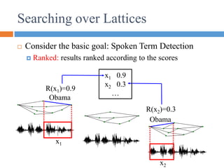  Consider the basic goal: Spoken Term Detection
 Ranked: results ranked according to the scores
Searching over Lattices
Obama
x1
R(x1)=0.9
Obama
x2
R(x2)=0.3
x1 0.9
x2 0.3
…
 