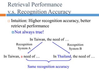 Retrieval Performance
v.s. Recognition Accuracy
 Intuition: Higher recognition accuracy, better
retrieval performance
Not always true!
In Taiwan, the need of …
Recognition
System A
Recognition
System B
In Taiwan, a need of … In Thailand, the need of …
Same recognition accuracy
 
