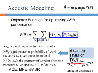 Acoustic Modeling
 Objective Function for optimizing ASR
performance
𝜃 = 𝑎𝑟𝑔 max
𝜃
𝐹 𝜃
𝐹 𝜃 =
𝑢 𝑠𝑢∈𝐿 𝑢
𝐴 𝑟𝑢, 𝑠𝑢 𝑃𝜃 𝑠𝑢|𝑢
wA
wB
wC
wA
wA
wA
wC
𝐴 𝑟𝑢, 𝑠𝑢 : the accuracy of word or phoneme
sequence 𝑠𝑢 comparing with reference 𝑟𝑢
𝑠𝑢: a word sequence in the lattice of x
𝑃𝜃 𝑠𝑢|𝑢 : posterior probability of word
sequence 𝑠𝑢 given acoustic model 𝜃
MCE, MPE, sMBR
𝜃 can be
HMM or
DNN
lattice of utterance u
 
