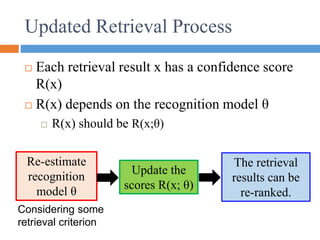 Updated Retrieval Process
 Each retrieval result x has a confidence score
R(x)
 R(x) depends on the recognition model θ
 R(x) should be R(x;θ)
Re-estimate
recognition
model θ
Update the
scores R(x; θ)
The retrieval
results can be
re-ranked.
Considering some
retrieval criterion
 
