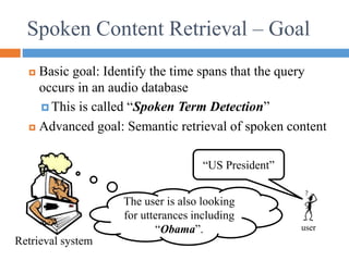  Basic goal: Identify the time spans that the query
occurs in an audio database
 This is called “Spoken Term Detection”
 Advanced goal: Semantic retrieval of spoken content
Spoken Content Retrieval – Goal
user
“US President”
The user is also looking
for utterances including
“Obama”.
Retrieval system
 
