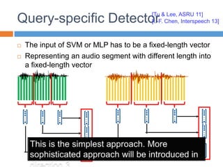Query-specific Detector
 The input of SVM or MLP has to be a fixed-length vector
 Representing an audio segment with different length into
a fixed-length vector
…
…
…
…
…
…
…
…
…
…
…
…
…
…
[Tu & Lee, ASRU 11]
[I.-F. Chen, Interspeech 13]
 