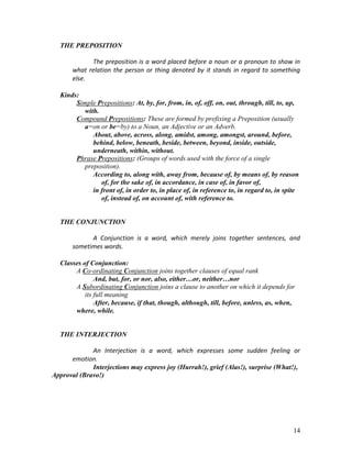 14
THE PREPOSITION
The preposition is a word placed before a noun or a pronoun to show in
what relation the person or thing denoted by it stands in regard to something
else.
Kinds:
Simple Prepositions: At, by, for, from, in, of, off, on, out, through, till, to, up,
with.
Compound Prepositions: These are formed by prefixing a Preposition (usually
a=on or be=by) to a Noun, an Adjective or an Adverb.
About, above, across, along, amidst, among, amongst, around, before,
behind, below, beneath, beside, between, beyond, inside, outside,
underneath, within, without.
Phrase Prepositions: (Groups of words used with the force of a single
preposition).
According to, along with, away from, because of, by means of, by reason
of, for the sake of, in accordance, in case of, in favor of,
in front of, in order to, in place of, in reference to, in regard to, in spite
of, instead of, on account of, with reference to.
THE CONJUNCTION
A Conjunction is a word, which merely joins together sentences, and
sometimes words.
Classes of Conjunction:
A Co-ordinating Conjunction joins together clauses of equal rank
And, but, for, or nor, also, either…or, neither…nor
A Subordinating Conjunction joins a clause to another on which it depends for
its full meaning
After, because, if that, though, although, till, before, unless, as, when,
where, while.
THE INTERJECTION
An Interjection is a word, which expresses some sudden feeling or
emotion.
Interjections may express joy (Hurrah!), grief (Alas!), surprise (What!),
Approval (Bravo!)
 