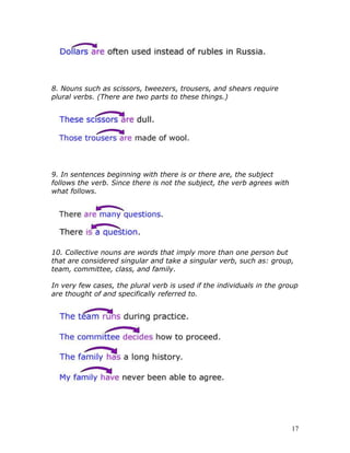 17
8. Nouns such as scissors, tweezers, trousers, and shears require
plural verbs. (There are two parts to these things.)
9. In sentences beginning with there is or there are, the subject
follows the verb. Since there is not the subject, the verb agrees with
what follows.
10. Collective nouns are words that imply more than one person but
that are considered singular and take a singular verb, such as: group,
team, committee, class, and family.
In very few cases, the plural verb is used if the individuals in the group
are thought of and specifically referred to.
 