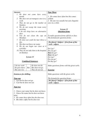 4
Answers
1. He does not come here every
month.
2. She does not eat mangoes once in a
week.
3. They do not go to the market on
Sundays.
4. We do not sweep the room every
morning.
5. I do not sleep here on alternative
days.
6. You do not clean the cup on
Mondays.
7. He does not comb his hair thrice a
day.
8. She does not know my name.
9. We do not begin our class at 4
everyday.
10. They do not take him to the hospital
on Sundays.
Lesson 11
Combined Sentences
I do my work
He goes there
She eats rice
But
He does not do.
She does not go.
They do not eat.
Sentences for drilling.
Type one
1. I go but he does not go
2. I eat but he does not eat.
Type two
1. I know your name but he does not know.
2. I know his name but he does not know
mine.
3. He comes here often but she does not.
4. She takes coffee but he does not.
Type Three
1. He comes here often but she comes
seldom.
2. He eats rice usually but eats chapattis
once in a while.
Lesson 12
Question forms
To make question forms add do or does
The formula for question forms:
Do [does]+ Subject + first from of the
verb + object.
Do I go?
Do you go?
Does he go?
Does she go?
Do I go?
Do you go?
Do they go?
Make questions forms with the given verbs.
Exercise
Make questions with the given verbs.
The formula for question forms:
Do [does]+ Subject + first from of the
verb + object.
 
