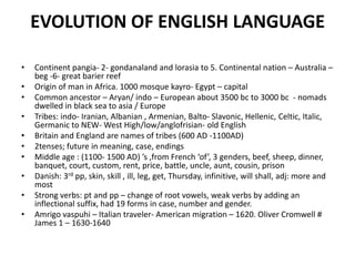 EVOLUTION OF ENGLISH LANGUAGE
• Continent pangia- 2- gondanaland and lorasia to 5. Continental nation – Australia –
beg -6- great barier reef
• Origin of man in Africa. 1000 mosque kayro- Egypt – capital
• Common ancestor – Aryan/ indo – European about 3500 bc to 3000 bc - nomads
dwelled in black sea to asia / Europe
• Tribes: indo- Iranian, Albanian , Armenian, Balto- Slavonic, Hellenic, Celtic, Italic,
Germanic to NEW- West High/low/anglofrisian- old English
• Britain and England are names of tribes (600 AD -1100AD)
• 2tenses; future in meaning, case, endings
• Middle age : (1100- 1500 AD) ’s ,from French ‘of’, 3 genders, beef, sheep, dinner,
banquet, court, custom, rent, price, battle, uncle, aunt, cousin, prison
• Danish: 3rd pp, skin, skill , ill, leg, get, Thursday, infinitive, will shall, adj: more and
most
• Strong verbs: pt and pp – change of root vowels, weak verbs by adding an
inflectional suffix, had 19 forms in case, number and gender.
• Amrigo vaspuhi – Italian traveler- American migration – 1620. Oliver Cromwell #
James 1 – 1630-1640
 