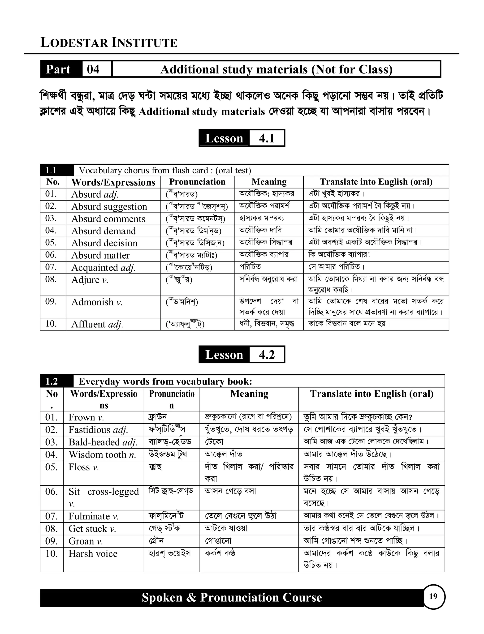 LODESTAR INSTITUTE
Spoken & Pronunciation Course 19
Part 04 Additional study materials (Not for Class)
wk¶_©x eÜziv, gvÎ †`o N›Uv mg‡qi g‡a¨ B”Qv _vK‡jI A‡bK wKQy cov‡bv m¤¢e bq| ZvB cÖwZwU
K¬v‡ki GB Aa¨v‡q wKQy Additional study materials †`Iqv n‡”Q hv Avcbviv evmvq ci‡eb|
Lesson 4.1
1.1 Vocabulary chorus from flash card : (oral test)
No. Words/Expressions Pronunciation Meaning Translate into English (oral)
01. Absurd adj. (Av
e&'mviW) A‡hŠw³K; nvm¨Ki GUv LyeB nvm¨Ki|
02. Absurd suggestion (Av
e&'mviW mv
'‡Rm&kb&) A‡hŠw³K civgk© GUv A‡hŠw³K civgk© ˆe wKQzB bq|
03. Absurd comments (Av
e&'mviW K‡gbUm&) nvm¨Ki gšÍe¨ GUv nvm¨Ki gšÍe¨ ˆe wKQzB bq|
04. Absurd demand (Av
e&'mviW wWgv
b&W) A‡hŠw³K `vwe Avwg †Zvgvi A‡hŠw³K `vwe gvwb bv|
05. Absurd decision (Av
e&'mviW wWwmR.b) A‡hŠw³K wm×všÍ GUv Aek¨B GKwU A‡hŠw³K wm×všÍ|
06. Absurd matter (Av
e&'mviW g¨vUvt) A‡hŠw³K e¨vcvi wK A‡hŠw³K e¨vcvi!
07. Acquainted adj. (Av
'‡Kv‡qB
bwUW&) cwiwPZ †m Avgvi cwiwPZ|
08. Adjure v. (Av
'RyAv
i) mwbe©Ü Aby‡iva Kiv Avwg †Zvgv‡K wg_¨v bv ejvi Rb¨ mwbe©Ü eÜ
Aby‡iva KiwQ|
09. Admonish v. (Av
W'gwbk&) Dc‡`k †`qv ev
mZK© K‡i †`qv
Avwg †Zvgv‡K †kl ev‡ii g‡Zv mZK© K‡i
w`w”Q gvby‡li mv‡_ cÖZviYv bv Kivi e¨vcv‡i|
10. Affluent adj. ('A¨vd&jyAvb
&U&) abx, weËevb, mg„× Zv‡K weËevb e‡j g‡b nq|
Lesson 4.2
1.2 Everyday words from vocabulary book:
No
.
Words/Expressio
ns
Pronunciatio
n
Meaning Translate into English (oral)
01. Frown v. d«vDb å“KzPKv‡bv (iv‡M ev cwikª‡g) Zzwg Avgvi w`‡K å“KzPKv”Q †Kb?
02. Fastidious adj. dv
m&wUwWAv
m LyuZLy‡Z, †`vl ai‡Z Zrco †m †cvkv‡Ki e¨vcv‡i LyeB LyuZLy‡Z|
03. Bald-headed adj. e¨vjW&-†nw
WW †U‡Kv Avwg AvR GK †U‡Kv †jvK‡K †`‡LwQjvg|
04. Wisdom tooth n. DBRWg Uz_ Av‡°j `uvZ Avgvi Av‡°j `uvZ D‡V‡Q|
05. Floss v. dv¬Q `uvZ wLjvj Kiv/ cwi¯‹vi
Kiv
mevi mvg‡b †Zvgvi `uvZ wLjvj Kiv
DwPZ bq|
06. Sit cross-legged
v.
wmU K&ªvQ-†jM&W Avmb †M‡o emv g‡b n‡”Q †m Avgvi evmvq Avmb †M‡o
e‡m‡Q|
07. Fulminate v. dvj&wg‡bB
U †Z‡j †e¸‡b R¡‡j DVv Avgvi K_v ï‡bB †m †Z‡j †e¸‡b R¡‡j DVj|
08. Get stuck v. †MW& ÷v
K AvU‡K hvIqv Zvi KÉ¯^i evi evi AvU‡K hvw”Qj|
09. Groan v. †MÖŠb †MvOv‡bv Avwg †MvOv‡bv kã ïb‡Z cvw”Q|
10. Harsh voice nvik& f‡qBm KK©k KÉ Avgv‡`i KK©k K‡É KvD‡K wKQz ejvi
DwPZ bq|
 