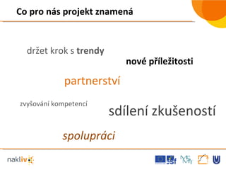 Co pro nás projekt znamená partnerství spolupráci zvyšování kompetencí sdílení zkušeností držet krok s  trendy nové příležitosti 