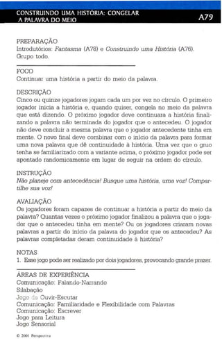 CONSTRUINDO UMA HISTÓRIA: CONGELAR A79 
A PALAVRA DO MEIO 
PREPARAÇÃO 
Introdutórios: Fan tasma (A78) e Construindo uma História (A76). 
Grupo todo. 
FOCO 
Continuar uma história a partir do meio da palavra. 
DESCRIÇÃO 
Cinco ou quinze jogadores jogam cada um por vez no círculo. O primeiro 
jogador inicia a história e , quando quiser, congela no meio da palavra 
que está dizendo. O próximo jogador deve continuara a história finali­zando 
a palavra não terminada do jogador que o antecedeu. O jogador 
nã o deve concluir a mesma pala vra que o jogador antecedente tinha em 
mente . O novo final deve combinar com o início da palavra para formar 
uma nova palavra que dê continuidade à história . Uma vez qu e o gruo 
tenha se familiarizado com a variante acima, o próximo jogador pode se r 
apontado randomicamente em lugar de seguir na ordem do círculo. 
INSTRUÇÃO 
Não planeje com antecedência! Busqu e uma história , uma voz! Compar­tilhe 
sua voz! 
AVALIAÇÃO 
Os jogadores foram capazes de continuar a his tória a partir do meio da 
palavra? Quantas vezes o próximo jogador finalizou a palavra qu e o joga­dor 
que o ante cedeu tinha em mente? Ou os jogadores criaram novas 
palavras a partir do início da palavra do jogador que os anteced eu? As 
palavras completadas deram continuidade à história? 
NOTAS 
1. Esse jogo pode ser realizado por dois jogadores , provocando grande prazer. 
ÁREAS DE EXPERIÊNCIA 
Comunicação: Falando-Narrando 
Silab ação 
Jo go de Ouvir-Escutar 
Comunica ção: Familiaridade e Flexibili da de com Palavras 
Comunicação: Escrever 
Jogo para Leitur a 
Jogo Sensorial 
© 2001 Perspect iva 
 