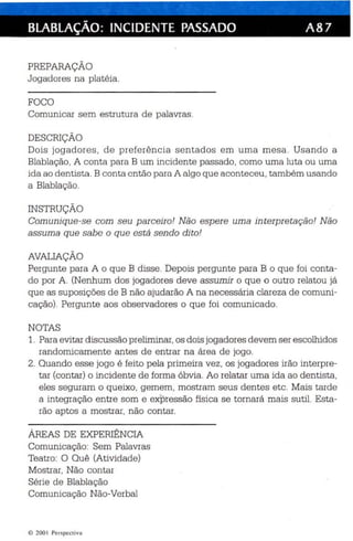 BLABLAÇÃO: INCIDENTE PASSADO A87 
PREPARAÇÃO 
Jogadores na platé ia . 
FOCO 
Comunicar sem estrutura de palavras. 
DESCRIÇÃO 
Dois joga dore s, de prefer ência sentados em uma mesa . Usando a 
Blablaçã o, A conta para B um in cidente passado, como uma luta ou uma 
ida ao dentista.B conta então puraA algo qu e aconteceu, também usando 
a Blablação. 
INSTRUÇÃO 
Comunique-se com seu p arceiro! Não espere um a interpretação! Não 
assuma que sabe o qu e está sendo dito! 
AVALIAÇÃO 
Pergunte para A o que B disse. Depois pergunte para B o que foi conta­do 
por A. (Nen hum dos jogadores deve assumir o que o outro relatou já 
que as suposições de B não ajudarão A na necessária clareza de comuni­cação). 
Pergunte aos observadores o que foi comunicado. 
NOTAS 
1. Para evitar discu ssão preliminar, os dois jogadores devem ser escolhidos 
randomicamente antes de entrar na área de jogo . 
2. Quando esse jogo é feito pela primeira vez, os jogadores irão interpre­tar 
(contar) o incidente de forma óbvi a. Ao relatar uma ida ao dentista , 
eles seguram o queixo, gemem, mostram seus dentes etc . Mais tarde 
a integração entre som e exp ressão física se tomará mais s uti l. Esta­rão 
aptos a mostrar, não contar. 
ÁREAS DE EXPERIÊNCIA 
Comunicação: Sem Palavras 
Teatro : O Quê (Atividade) 
Mostrar, Não contar 
Série de Blabla ção 
Comunicação Não -Verbal 
© 200 I Per spec tiva 
 