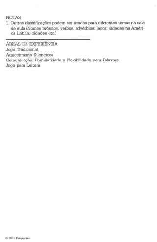 NOTAS 
1. Outras classificações podem ser usadas para diferentes temas na sala 
de aula (Nomes pr óprios, verbos, advérbios; lagos; cidades na Améri­ca 
Latina, cidades etc.) 
ÁREAS DE EXPERIÊNCIA 
Jogo Tradicional 
Aquecimento Silencioso 
Comunicação: Familiaridade e Flexibilidade com Palavras 
Jogo para Leitura 
(l) 2001 Per spec tiva 
 