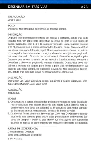 DESENHAR EM TRÊS VIAS A 93 
PREPARAÇÃO 
Grupo todo. 
FOCO 
Desenhar três im agens diferentes ao mesmo tempo. 
DESCRIÇÃO 
O grupo tod o permanece sentado em mesas e carteiras , sendo que cada 
jogador tem um lápis para desenhar ou lápi s de cera e tr ês folh as de 
papel , mar cadas com I, II e IH respectivamente. Cada jogador escolhe 
três objetos simples a serem desenhados (pessoa , carro, árvore) e define 
um deles para cada folha de papel. Quando o instrutor chama um núme­ro 
, o jogador im ediatamente começa a desenhar o objeto na página do 
número chama do. Qu and o outro número é chamado, o jogad or pára 
(mesmo que esteja no meio de um traço) e im ediatamente começa a 
desenhar o objeto na página do número chamado . O in strutor deve mo­difi 
car o número da págin a para frente e para tr ás randomicamente. Ao 
final de um certo tempo, os jogadores dev em ter tr ês desenhos difere n­tes 
, sendo que eles não estão necessariamente completos. 
INSTRUÇÃO 
Um! Dois! Um! Três! Não fa ça p ausa! Vá direto à página chamada! Con ­tinue 
desenhando' Dois' Três' Um! 
AVALIAÇÃO 
Nenhuma. 
NOTAS 
1. Os assuntos a serem desenhados podem s er tornados mai s desafiado­res 
: a) assu ntos que exijam mais de um objeto (uma floresta , um su­permer 
cado, um pátio de fazenda) ou b ) assuntos com tema específi­co 
(naturez a morta, tempestade , corrida de barco a vela). 
2. Da mesma forma como em Escrever em Três Vias (A92) passar ra pida­mente 
de um assunto para outro evita pensamento ambivalente (es­paço 
de tempo) - Devo ou não devo? As hesi ta ções são superadas 
quando as regras do jogo exigem um manus eio ime diato do material. 
ÁREAS DE EXPERIÊNCIA 
Comunica ção: Desenho 
Jogo com Estímulos Múltiplos 
© 200 1 Perspect iva 
 