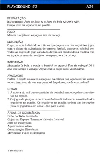 PLAYGROUND #2 A24 
PREPARAÇÃO 
Introdutórios: Jogo de Bola #1 e Jogo de Bola #2 (A9 e AlO). 
Grupo todo ou jogadores na platéia. 
FOCO 
Manter o objeto no espaço e fora da cabeça. 
DESCRIÇÃO 
O grupo todo é dividido em times que jogam um dos seguintes jogos 
com o objeto da substância do espaço: futebol, basquete, voleibol etc. 
Todas as regras do jogo escolhido devem ser obedecidas à medida que 
os jogadores mantêm o objeto no espaço, fora da cabeça. 
INSTRUÇÃO 
Man tenh a (a bola, a corda, o bastão) no espaço! Fora da cabeça! Dê à 
bola seu tempo e espaço! Jogu e com o corpo todo! In tensifiqu e! 
AVALIAÇÃO 
Platéia, o objeto estava no espaço ou na cabeça dos jogadores? Às vezes, 
todo o tempo ou de vez em quando? Jogadores, vocês concordam? 
NOTAS 
1. A autora viu até quatro partidas de beisebol sendo jogadas com obje­tos 
no espaço. 
2. Os jogos de playground acima serão beneficiados com a avaliação dos 
jogadores na platéia. Os jogadores na platéia podem dar instruções 
para os jogadores em cena: Olhe para a bola! 
ÁREAS DE EXPERIÊNCIA 
Parte do Todo: Interação 
Objeto no Espaço: Tornan do Visível o Invisível 
Jogo de Playground 
Aquecimento Ativo 
Comunicação Não-Verbal 
Movimento Físico e Expressão 
e 200  Perspectiv a 
 