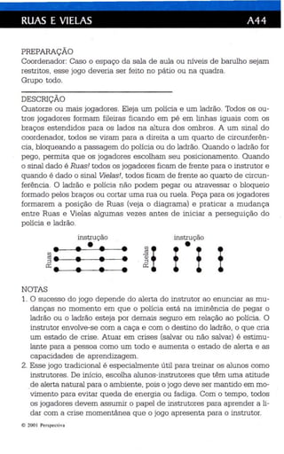 RUAS E VIELAS A44 
PREPARAÇÃO 
Coordenador: Caso o es paço da sala de aula ou níveis de barulho sejam 
restritos, esse jogo deveria ser feito no pátio ou na quadra. 
Grupo todo. 
DESCRIÇÃO 
Quatorze ou mais jogadores. Eleja um polícia e um ladrão. Todos os ou­tros 
jogadores formam fileiras ficando em pé em linhas iguais com os 
braços estendidos para os lados na altura dos ombros. A um sinal do 
coordenador, todos se viram para a dire ita a um quarto de circunferên­cia 
, bloqueando a passagem do polícia ou do ladrão. Quando o ladrão for 
pego, permita que os jogadores escolham seu posi cionamento. Quando 
o sinal dado é Ruas! todos os jogadores ficam de frente para o instrutor e 
quando é dado o sinal Vielas!, todos ficam de frente ao quarto de circun­ferência. 
O ladrão e polícia não podem pegar ou atravessar o bloqueio 
formado pelos braços ou cortar uma rua ou ruela. Peça para os jogadores 
formarem a posição de Ruas (veja o diagrama) e praticar a mudança 
entre Ruas e Vielas algumas vezes antes de ini ciar a perseguição do 
polícia e ladrão. 
instrução • 
• instrução • • • • 
in 
~ ••1---..- ---4.--.... 
n:; ••l--~....--.~-. 
• f I f 
• 
• • • • 
NOTAS 
1. O sucesso do jogo depende do alerta do instrutor ao enunc iar as mu­danças 
no momento em que o polícia está na iminência de pegar o 
ladrão ou o ladrão este ja por demais seguro 'em relação ao polícia. O 
instrutor envolve-se com a caça e com o destino do ladrão, o que cria 
um estado de crise. Atu ar em crises (salvar ou não salvar) é estimu­lante 
para a pessoa como um todo e aumenta o estado de alerta e as 
capacidades de ap rendizagem. 
2. Esse jogo tradicional é especialmente útil pa ra trein ar os alunos como 
ins trutores . De início , escolha alunos-ins trutores que têm uma atitude 
de alerta natural para o ambiente, pois o jogo deve ser mantido em mo­vime 
nto para evitar queda de energia ou fadiga. Corri o tempo, todos 
os jogadores devem ass umir o papel de iristru tore s para aprender a li­dar 
com a crise momentân ea que o jogo apresenta para o instruto r. 
© 200 Perspect iva 
 