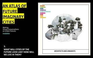 AN ATLAS OF
FUTURE
IMAGINARY
CITIES
Making
Visual Conversations
on Urban Futures
readable
2.
WHAT WILL CITIES OF THE
FUTURE LOOK LIKE? HOW WILL
WE LIVE IN THEM?
wellbeing
eco-systems
energy
city structure
prodyction/consumption
governance
policy
living
communities
ARCHITECTS AND URBANISTS
 