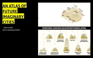AN ATLAS OF
FUTURE
IMAGINARY
CITIES
...have a look,
tell us what you think!
SEREMIRU.COM/ATLAS/EXPORT/INDEX.HTML
 