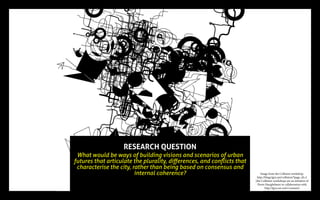 RESEARCH QUESTION
What would be ways of building visions and scenarios of urban
futures that articulate the plurality, differences, and conflicts that
characterise the city, rather than being based on consensus and
internal coherence? Image from the Collision workshop:
http://blogs.lgru.net/collision/?page_id=2
(the Collision-workshops are an initiative of
Pierre Huyghebaert in collaboration with
http://lgru.net and Constant)
 