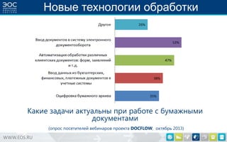 Новые технологии обработки

Какие задачи актуальны при работе с бумажными
документами
(опрос посетителей вебинаров проекта DOCFLOW, октябрь 2013)

WWW.EOS.RU

 