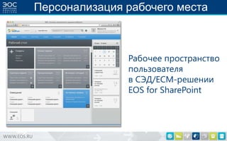 Персонализация рабочего места

Рабочее пространство
пользователя
в CЭД/ECM-решении
EOS for SharePoint

WWW.EOS.RU

 