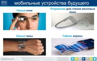 мобильные устройства будущего
Умные очки

Умные часы

WWW.EOS.RU

Устройство для чтения мозговых
волн

Гибкие экраны

 