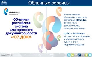 Облачные сервисы
Использование
облачных сервисов на
платформе eDocLib в
финансовых,
девелоперских,
торговых компаниях
ДЕЛО и SharePoint
готовы к использованию
в режиме частного,
публичного и
гибридного облака

WWW.EOS.RU

 