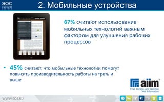 2. Мобильные устройства
67% считают использование
мобильных технологий важным
фактором для улучшения рабочих
процессов

• 45% считают, что мобильные технологии помогут
повысить производительность работы на треть и
выше

WWW.EOS.RU

 