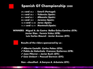 SSpanish GT Championship 2000
29.4 and 30.4 - Estoril (Portugal)
27.5 and 28.5 - Valencia (Spain)
01.7 and 02.7 - Albacete (Spain)
09.9 and 10.9 - Jarama (Spain)
14.10 and 15.10- Jerez (Spain)
11.11 and 12.11- Montmeló(Spain)
WINNERS: Miguel A. de Castro /Balba Gzlez.Camino (GTA)
Javier Diaz / Fermín Velez (GTB)
Luis Carlos Maurel / Javier Arenas (GTC)
Results of the riders sponsored by us :
2º Alberto Castelló /Carlos Palau (GTA)
4º Pablo de Holenhole /Francesc Gutierrez (GTB)
5º Joan Piferrer – Javier Buch (GTC)
8º Lluis Umbert – Pascual Germán (GTC)
Non –classified : A.Sanyes/A. Arbeteta (GTC)
 