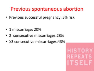 Previous spontaneous abortion
• Previous successful pregnancy: 5% risk
• 1 miscarriage: 20%
• 2 consecutive miscarriages:28%
• ≥3 consecutive miscarriages:43%
 