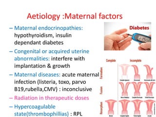 Aetiology :Maternal factors
– Maternal endocrinopathies:
hypothyroidism, insulin
dependant diabetes
– Congenital or acquired uterine
abnormalities: interfere with
implantation & growth
– Maternal diseases: acute maternal
infection (listeria, toxo, parvo
B19,rubella,CMV) : inconclusive
– Radiation in therapeutic doses
– Hypercoagulable
state(thrombophillias) : RPL
 