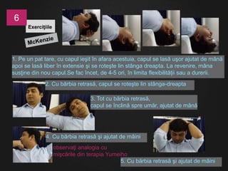 Exerciţiile
6
1. Pe un pat tare, cu capul ieşit în afara acestuia, capul se lasă uşor ajutat de mână
apoi se lasă liber în extensie şi se roteşte lin stânga dreapta. La revenire, mâna
susţine din nou capul.Se fac încet, de 4-5 ori, în limita flexibilității sau a durerii.
2. Cu bărbia retrasă, capul se roteşte lin stânga-dreapta
3. Tot cu bărbia retrasă,
capul se înclină spre umăr, ajutat de mână
4. Cu bărbia retrasă şi ajutat de mâini
5. Cu bărbia retrasă şi ajutat de mâini
observaţi analogia cu
mişcările din terapia Yumeiho
 