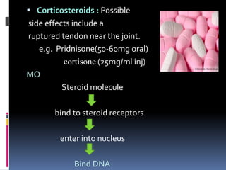  Corticosteroids : Possible
side effects include a
ruptured tendon near the joint.
e.g. Pridnisone(50-60mg oral)
cortisone (25mg/ml inj)
MO
Steroid molecule
bind to steroid receptors
enter into nucleus
Bind DNA
 