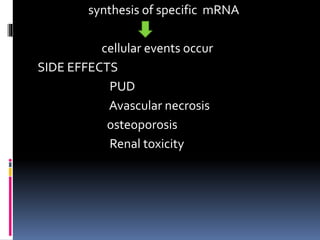synthesis of specific mRNA
cellular events occur
SIDE EFFECTS
PUD
Avascular necrosis
osteoporosis
Renal toxicity
 