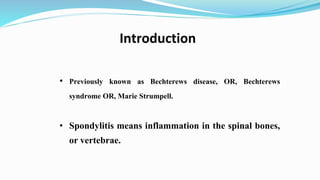 • Previously known as Bechterews disease, OR, Bechterews
syndrome OR, Marie Strumpell.
• Spondylitis means inflammation in the spinal bones,
or vertebrae.
Introduction
 