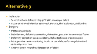  Indication
 Severe kyphotic deformity (75-90°) with neurologic deficit
 Active or resolved infection at cervical, thoracic, thoracolumbar, and lumbar.
 Surgery
 Posterior approach
 Debridement, deformity correction, distraction, posterior instrumented fusion
 Deformity correction using osteotomy, RSCM technique or combination
 Intraoperative nerve monitoring should be use while performing distraction/
deformity correction
 Anterior defect might be addressed at 2nd stage
 