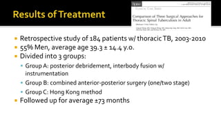  Retrospective study of 184 patients w/ thoracicTB, 2003-2010
 55% Men, average age 39.3 ± 14.4 y.o.
 Divided into 3 groups:
 Group A: posterior debridement, interbody fusion w/
instrumentation
 Group B: combined anterior-posterior surgery (one/two stage)
 Group C: Hong Kong method
 Followed up for average ±73 months
 