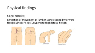Physical findings
Spinal mobility:
Limitation of movement of lumber sipne elicited by forward
flexion(schober’s Test),Hyperextension,lateral flexion.
 