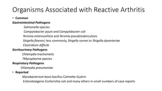 Organisms Associated with Reactive Arthritis
• Common
Gastrointestinal Pathogens
Salmonella species
Campylobacter jejuni and Campylobacter coli
Yersinia enterocolitica and Yersinia pseudotuberculosis
Shigella flexneri; less commonly, Shigella sonnei or Shigella dysenteriae
Clostridium difficile
Genitourinary Pathogens
Chlamydia trachomatis
?Mycoplasma species
Respiratory Pathogens
Chlamydia pneumoniae
• Reported
Mycobacterium bovis bacillus Calmette-Guérin
Enterotoxigenic Escherichia coli and many others in small numbers of case reports
 