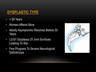 DYSPLASTIC TYPE
• < 20 Years
• Women Affects More
• Mostly Asymptomtic Resolves Before 20
Years
• L5-S1 Dysplasia Of Joint Surfaces
Leading To Slip
• Few Progress To Severe Neurological
Deficiencies
 