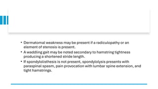 • Dermatomal weakness may be present if a radiculopathy or an
element of stenosis is present.
• A waddling gait may be noted secondary to hamstring tightness
producing a shortened stride length.
• If spondylolisthesis is not present, spondylolysis presents with
paraspinal spasm, pain provocation with lumbar spine extension, and
tight hamstrings.
 