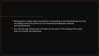 • Radiographic studies allow visualization and grading of spondylolisthesis but may
not always reveal the presence of an isolated spondylolysis (without
spondylolisthesis).
• The 'Scottie dog' whose neck is broken can be seen on the oblique films when
there is a classic spondylolysis.
 