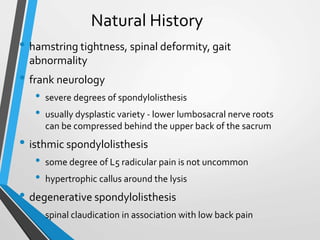 Natural History
• hamstring tightness, spinal deformity, gait
abnormality
• frank neurology
• severe degrees of spondylolisthesis
• usually dysplastic variety - lower lumbosacral nerve roots
can be compressed behind the upper back of the sacrum
• isthmic spondylolisthesis
• some degree of L5 radicular pain is not uncommon
• hypertrophic callus around the lysis
• degenerative spondylolisthesis
• spinal claudication in association with low back pain
 