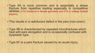 • Type IIA is more common and is essentially a stress
fracture from repetitive loading especially in competitive
athletes (11% incidence in female gymnasts and 21% in college football
players).
• This results in a radiolucent defect in the pars (non-union).
• Type IIB is characterized by repeated microfractures which
heal with pars elongation and is occasionally confused with
dysplastic type.
• Type IIC is a pars fracture caused by an acute injury.
 