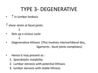 TYPE 3- DEGENERATIVE
•  in lumbar lordosis
 shear strain at facet joints

• Sets up a vicious cycle

• Degenerative lithiasis (This involves intervertiberal disc,
ligaments , facet joints complexes)
• Hence it may present as :
1. Spondolytic instability
2. Lumbar stenosis with potential lithiasis
3. lumbar stenosis with stable lithiasis
 