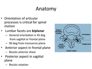 Anatomy
• Orientation of articular
processes is critical for spinal
motion
• Lumbar facets are biplanar
– General orientation is 45 deg
from sagittal or frontal plane
– 90 deg from transverse plane
• Anterior aspect in frontal plane
– Resists anterior shear
• Posterior aspect in sagittal
plane
– Resists rotation
 