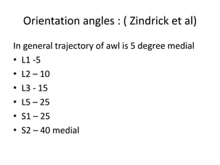 Orientation angles : ( Zindrick et al)
In general trajectory of awl is 5 degree medial
• L1 -5
• L2 – 10
• L3 - 15
• L5 – 25
• S1 – 25
• S2 – 40 medial
 
