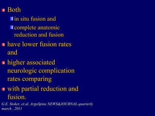 Both
in situ fusion and
complete anatomic
reduction and fusion
have lower fusion rates
and
higher associated
neurologic complication
rates comparing
with partial reduction and
fusion.
G.E. Stoker, et al, ArgoSpine NEWS&JOURNAL-quarterly
march , 2011
 